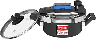 Prestige 2L Svachh FLIP-ON Mini Hard Anodised Pressure Cooker with glass lid|Innovative lock lid with spillage control|Gas & Induction compatible|5 years warranty|Black